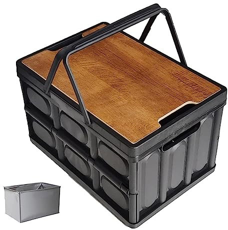 Lagerplätze klappbar Mit Holz Deckel,Multifunktions Große Faltbare Kunststoff Lagerung Behälter Mit Griff, Für Outdoor Camping Picknick Innen Hause Zimmer Schrank,Schwarz,55L