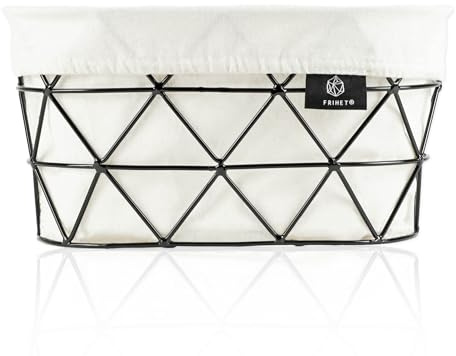 FRIHET 2-in-1 Brotkorb & Obstschale - Metall - waschbare Einlage aus 100% Baumwolle - oval - schwarz - Aufbewahrungskorb - 27 cm x 14 cm x 16 cm (LxHxB) (weiß, Raute)