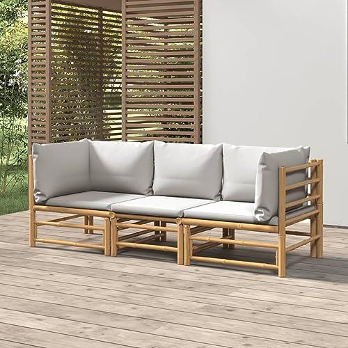 Faroom Gartenlounge Set Bambus Lounge Gartenmöbel Set Loungemöbel Set Bambus Balkon Lounge Sofa Outdoor Balkonmöbel Kleiner Gartengarnitur Sofagarnitur Hellgrau 3-tlg-Type-86