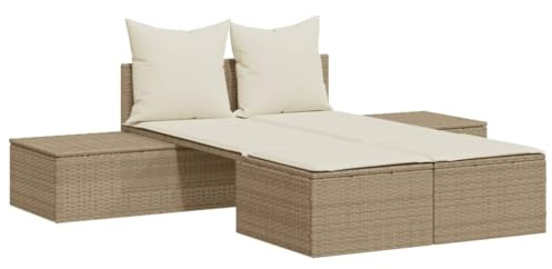 vidaXL Dubbel solsäng med dynor beige konstrotting, loungefåtölj, dagbädd, schäslong, loungefåtöljer, dagbäddar, schäslonger, solsäng, solsängar