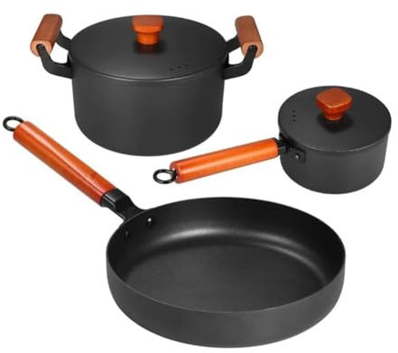 RUVOO Batteria di Pentole, Set di Pentole da 3 Pezzi Pentola per Zuppa Pentola per Latte con Coperchio Padella in Ferro Battuto Pentola Antiaderente Set da Cucina Utensili Cucina Set Pentole