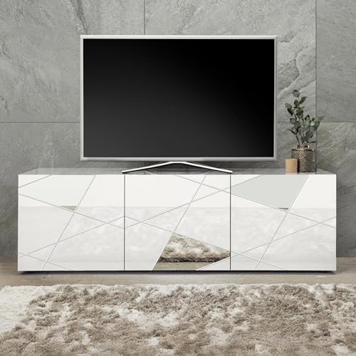 Mobilier-Deco Adriana - Meuble TV 3 Portes Blanc détails Miroir