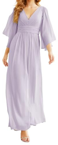 ZM102 Robe de demoiselle d'honneur à manches longues en mousseline de soie avec fente, Lilas clair, 60 Grande taille