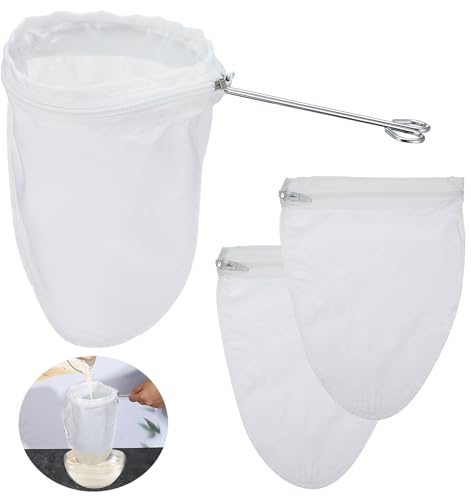 Xinjoduz 2 Pack Ultra Fine Mesh Strainer Bag with Stainless Steel Frame Handle, Reusable Food Grade Juice Strainer Bag with Filter Zipper Bags Cheese Cloths for Straining Almond Nut Milk Coffee Juices