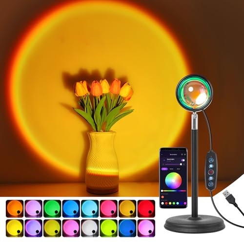MeRGBW-Home Sunset Lampe, 21 Farben Sonnenuntergang Lampe, USB-Anschluss Sonnenlicht LED Projektor, 180° Schwenkbares, Druckknopfschalter und APP-Steuerung für Party, Fotos, Muttertag Geschenk