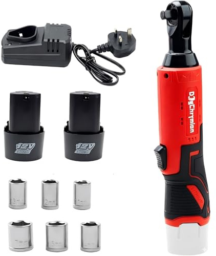 DogChrymion Jeu de clés à cliquet électriques sans fil 12 V 3/8, sans balais, déclencheur à vitesse variable, outil à cliquet à angle droit avec 2 batteries de 2,0 Ah