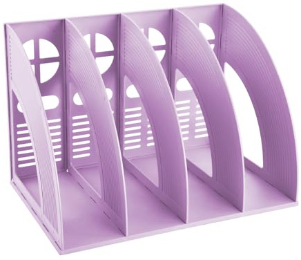 PTJJXA Portariviste con 4 Scomparti, Portariviste da Scrivania Verticale, Porta Quaderni da Scrivania, Robusto Organizer in Plastica per Documenti A4, Porta Libri per Ufficio, Scuola, Casa (Viola)