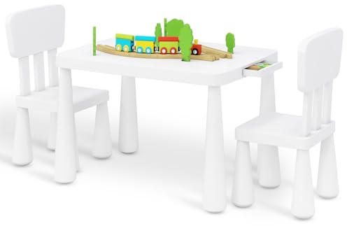 ARTETHYS Kids Table and Chair Sets, Toddler Table Height Adjustable and 2 Chairs Sets, Children Activity Table with Storage Drawer for Playing Learning Drawing, White