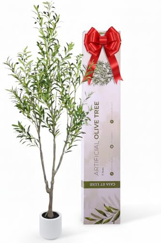Olivo artificial de 7 pies de alto, árboles sintéticos para decoración del hogar, árbol artificial grande para interiores con maceta blanca, planta de olivo realista para sala de estar, oficina u