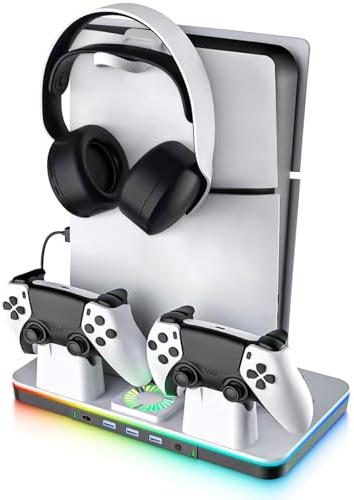 G-STORY PS5/Pro/Slim Stand and Cooling Station with Dual Controller Charger for Playsation 5 Disc&Digital Consoles, RGB Light, Cooling Fan, Headset Holder PS5 Accessories 3 USB Hub(1x3.0 & 2x2.0)