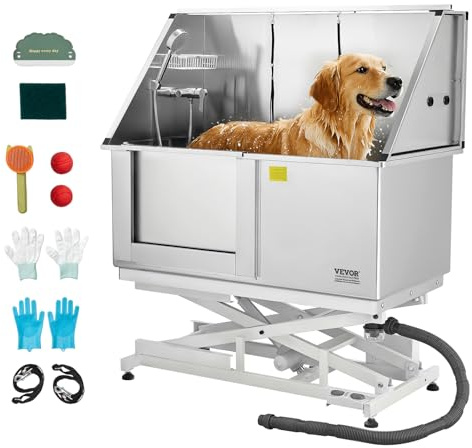 VEVOR Baignoire de Chien Acier Inoxydable, Baignoire de Toilettage Électrique pour Animaux de Compagnie 127 cm Station de Lavage Chat, avec Panneau Filtre Eau, Robinet, Pommeau de Douche, Porte Gauche