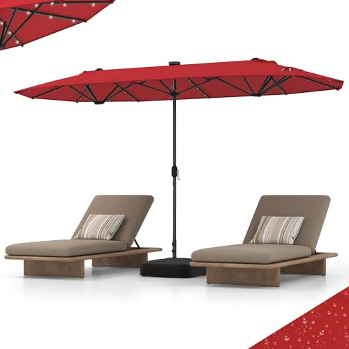 RELAX4LIFE Grand Parasol de Jardin Extérieur LED avec Pied (Bordeaux) | Parasol Double Terrasse avec Pied | 12 Baleines | Manivelle | Polyester Résistant | Protection UV pour Piscine Patio Marché