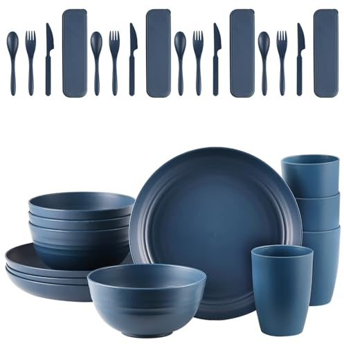 AdvntrPro 28pcs Unbreakable Dinnerware Sets for 4 People, Camping/Picnic Dinner Sets, Lightweight Colorful BBQ Plastic Serving Plates, Bowls, Cups,Cutlery Set, Forks,Tableware