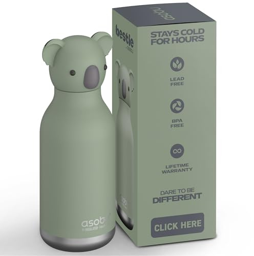 asobu Bestie - Borraccia isolata in acciaio inox, con morbida testa di animale rimovibile, per bambini e ragazzi, con cannuccia flessibile riutilizzabile (coala)