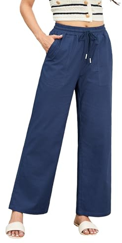 Enmain Pantalones Mujer Verano Algodón y Lino Cintura Alta Elasticos Pantalones Largos Ligeros Comodo con Bolsillos Adecuado para la Playa Viajar Pasear Azul Marino M