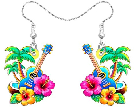 DUOWEI Mignon Tropical Hawaiian Boucles d'oreilles Acrylique Ukulélé Palmier Unique Plage Bijoux Été Cadeaux pour les Femmes Filles Amoureux de la Plage (Colorée)