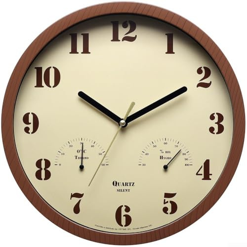 Vilgftyiet Horloge murale d'extérieur avec thermomètre et hygromètre de 25,4 cm, étanche, silencieuse, sans tic-tac, grain de bois marron foncé pour terrasse, jardin, piscine, intérieur et extérieur