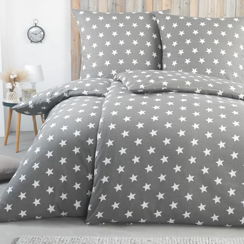 BaSaTex Feinbiber Winter Bettwäsche warme und kuschelige Bettgarnitur und Kissenbezug 4teilig 2X 135x200 +2X 80x80 cm | 100% Baumwolle | Sterne - Grau