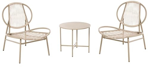 Beliani Modernes PE-Rattan-Bistroset mit 2 Stühlen und rundem Couchtisch aus verzinktem Stahl beige Ovaro