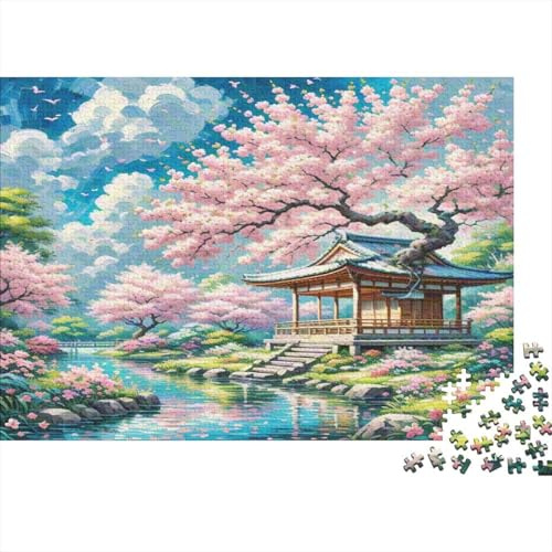 Cherry Blossom Jigsaw Puzzles Puzzles for Adults Kids. 1000 Piece Cherry Blossoms Japanese Pavilion Whimsical Challenge Toy Educational Games Home Decoration for Adults& Kids Age 14 Years Up 52x38cm/