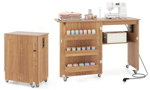 KOMFOTTEU Mesa de Costura Plegable con Estación de Carga, Mesa para Maquina de Coser con Estantes y 5 Ruedas, Armario de Almacenamiento Móvil para Hogar, Dormitorio (Natural)