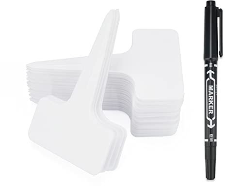 KINGLAKE Thick Plastic Plant Labels and Pen, 100Pcs Plant Markers & Labels for Outdoor Plants, White Plant Name Tags Garden Labels for Potted Plants, Seed, Herb, Vegetables, Flower, T Type, 10x6cm