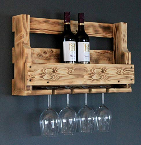 Weinregal aus Holz für die Wand - mit Gläserhalter - Geflammt - fertig montiert - Regal für Weinflaschen und Weingläser