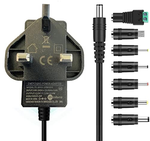 MAXDIGI DC Power Supply 12V 1A, AC 100-240V to DC Power Cable Transformer Wall Charger Replacement UK Plug 1.2m, 5.5mm x 2.1mm for Led Strips, CCTV Camera,Cisco Routers,Hubs,scanner,radio + 7 Tips
