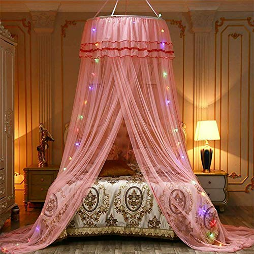 AGSYFFD moustiquaire de lit, baldaquin pour enfant, moustiquaire rose avec lumière LED, pour la décoration de la chambre à coucher, baldaquin de lit pour bébé fille et garçon