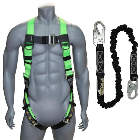 AFP Universal Full-Body Fall Protection Safety Harness w/Dorsal D-Ring Tongue Buckle Legs Hi-Viz Green, Shock Absorbing Lanyard (OSHA/ANSI Rated) (1 Pack, Harness + Single Leg Lanyard w/Snap Hooks)