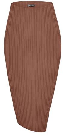 Urban CoCo Women's High Waist Stretch Ribbed Knit Pencil Skirt Midi Length with Side Slit Office Work Bodycon Style Brown