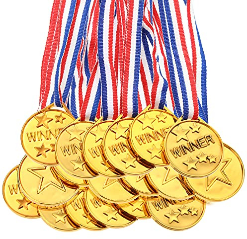 Gejoy 30 Pieces Gold Plastic Winner Award Medals, Gymnastics Field Day Awards for Sports, Competition, Talent Show, Spelling Bee Birthday Party Favors Gifts(Classic Style)