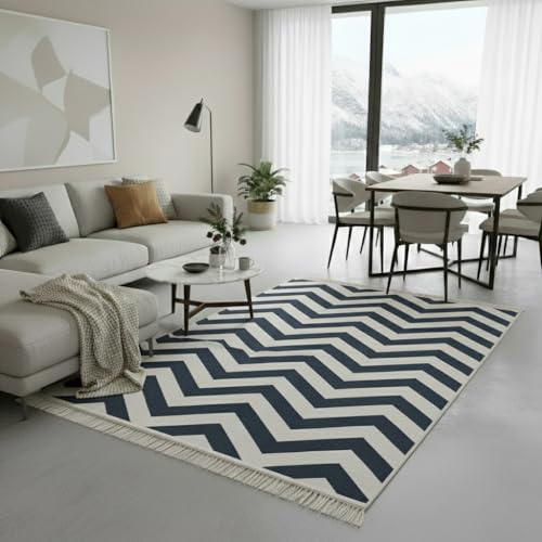 Fashion4Home Teppich Läufer - Tepiche für Wohnzimmer, Schlafzimmer, Küche, Kinderzimmer, Badezimmer - Boho Kelim - Läufer Flur, Zigzag-Blau-Weiß, Größe: 120x170 cm