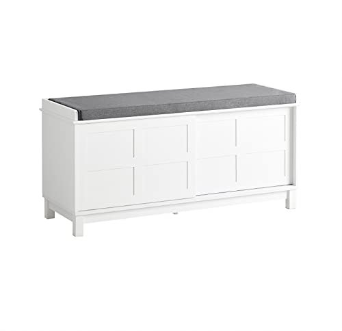 SoBuy Banc Chaussures Rembourré - Meuble Chaussures Entrée avec 2 Porte Coulissantes, Rangement Caché et Commode à Chaussures - Banquette Confortable en Bois, 114x40x53 cm, Capacité 120 kg, FSR86-W