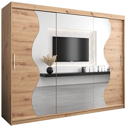 KRYSPOL Schwebetürenschrank Madryt 250 cm mit Spiegel Kleiderschrank mit Kleiderstange und Einlegeboden Schlafzimmer- Wohnzimmerschrank Schiebetüren Modern Design (Artisan Eiche)