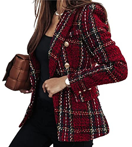 SHINROAD Giacca scozzese da donna Blazer Doppiopetto Maniche Lunghe Cardigan Spesso Affari Cappotto Inverno Abiti Femminili Rosso