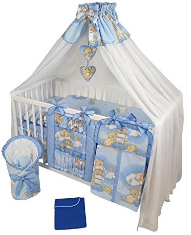 Bello24 - 16 Teiliges Babybett Kinderbett und Bettwäsche komplett Set Happy höhenverstellbar für Neugeborene Babys und Kleinkinder aus Massivholz in fantastischen Farben (Blau Teddybär auf Leiter)