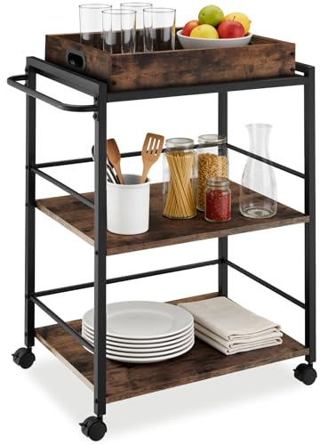 tectake® Chariot de Service Style Industriel, Desserte à roulettes 65 x 41,5 x 87 cm, Chariot Cuisine avec Plateau Amovible, roulettes pivotantes à Frein, Meuble Cuisine, Meuble Rangement, Bois foncé
