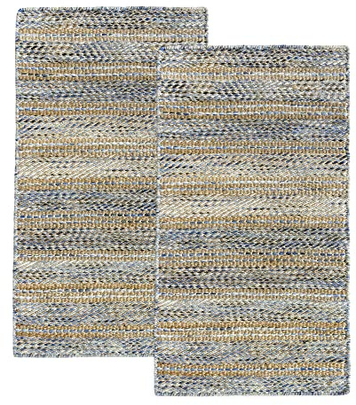 HAMID - Confezione da 2 tappeti juta lana Olivia, tappeto lana e juta, 60 x 110 cm, tessuto a mano, per soggiorno, camera da letto, soggiorno, blu gelido