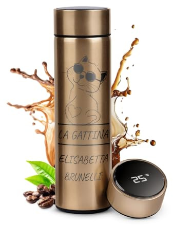 Maverton Tazza termica 450 ml, Thermos tè caffè con display led, per donna | borraccia con incisione personalizzata in acciaio inox, coperchio ermetico one-touch, gold, Gatto