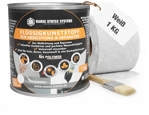 HSS Flüssigkunststoff Abdichtungsset 1 kg Weiß mit Pinsel & Vlies | 1 kg · Weiß · ca. 1m² · Inkl. Pinsel & Vlies · MS-Polymer · UV- & Witterungsbeständig · Ohne Lösungsmittel · Bitumenfrei