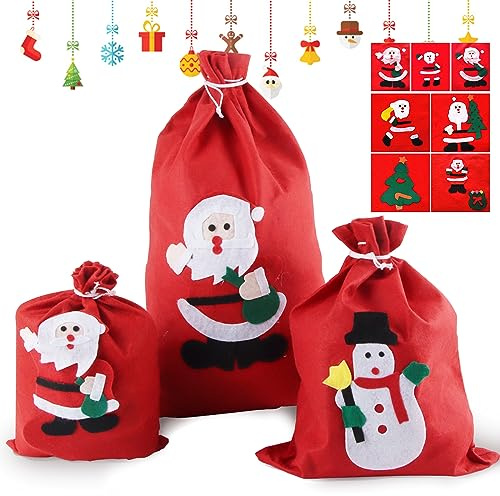 Geschenktüten Weihnachten, ACTOYS 6 Stück Weihnachtssack, Weihnachtssack Groß XXL XL L drei verschiedene Größen, Geschenkbeutel Weihnachten Stoff für Weihnachtsmannkostüm Dekoration