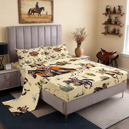 Western Cowboys Horses Bed Sheet Set,Retro Farmhouse Style Tropical Cactus Plants Fitted Sheet Set Queen 4 Pcs,Hand Draw Mountain Sun Sheet Set Includes Fitted Sheet + Flat Sheet + 2 Pillow Cases