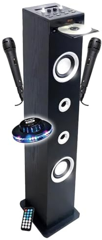INOVALLEY Tour de Son Lecteur CD et Karaoké HP49CD, 100W USB Bluetooth Radio FM, 2 Microphones + Supports Télécommande, LED OVNI