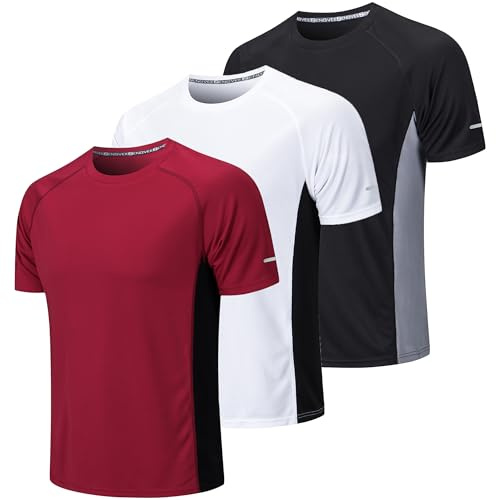 Gaiatiger 3 Pezzi Maglietta Uomo Manica Corta T Shirt Palestra Running Maglia Tecnica Uomo Maglietta Asciugatura Rapida Traspirante Sportiva Trekking Tshirt,20412-Black White Red-L