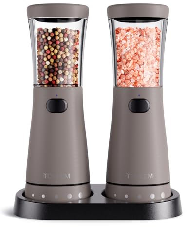 Salz und Pfeffermühlen elektrisch 2er Set aus Edelstahl (Wiederaufladbar, LED Beleuchtung, mit einstellbarem Keramikmahlwerk, Reinigungsbürste Bürste) Gewürzmühle elektrisch, Light Gray