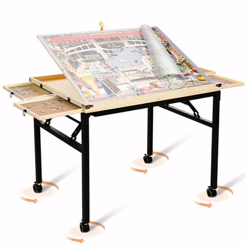 2024 Puzzle Table with Folding Metal Legs and Drawers 1500 Pieces Jigsaw Puzzle Table with Cover 3-Tilting-Angle Portable Wooden Jigsaw Puzzle Board Easy to Move Easter Gifts for Women