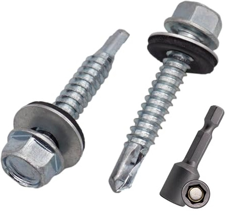 SKIR'CO (100 st) Förzinkade takskruvar 6,3 x 38 mm, sexkantshuvud, DIN 7504-K Självborrande skruvar med EPDM tätningsbrickor