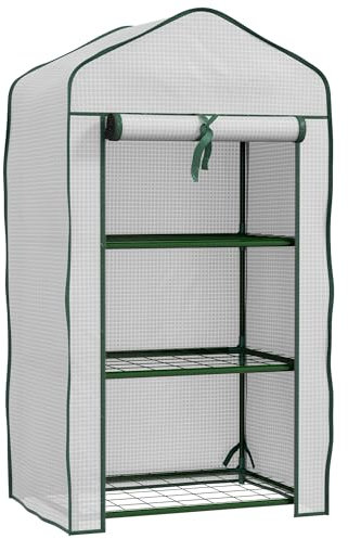 Outsunny Serre de Jardin avec étagères 3 Niveaux, Serre de Balcon, bâche renforcée PE, châssis en Acier, Porte zippée Enroulable, pour légumes Plantes Fleurs, 59 x 39 x 127 cm, Blanc