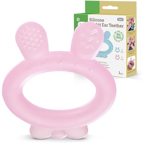 Haakaa Silicone Baby Teether - Rabbit Ear Frozen Teething Toy for Babies 3-6 Months- Cold Teething Relief - BPA Free Silicone-Pink